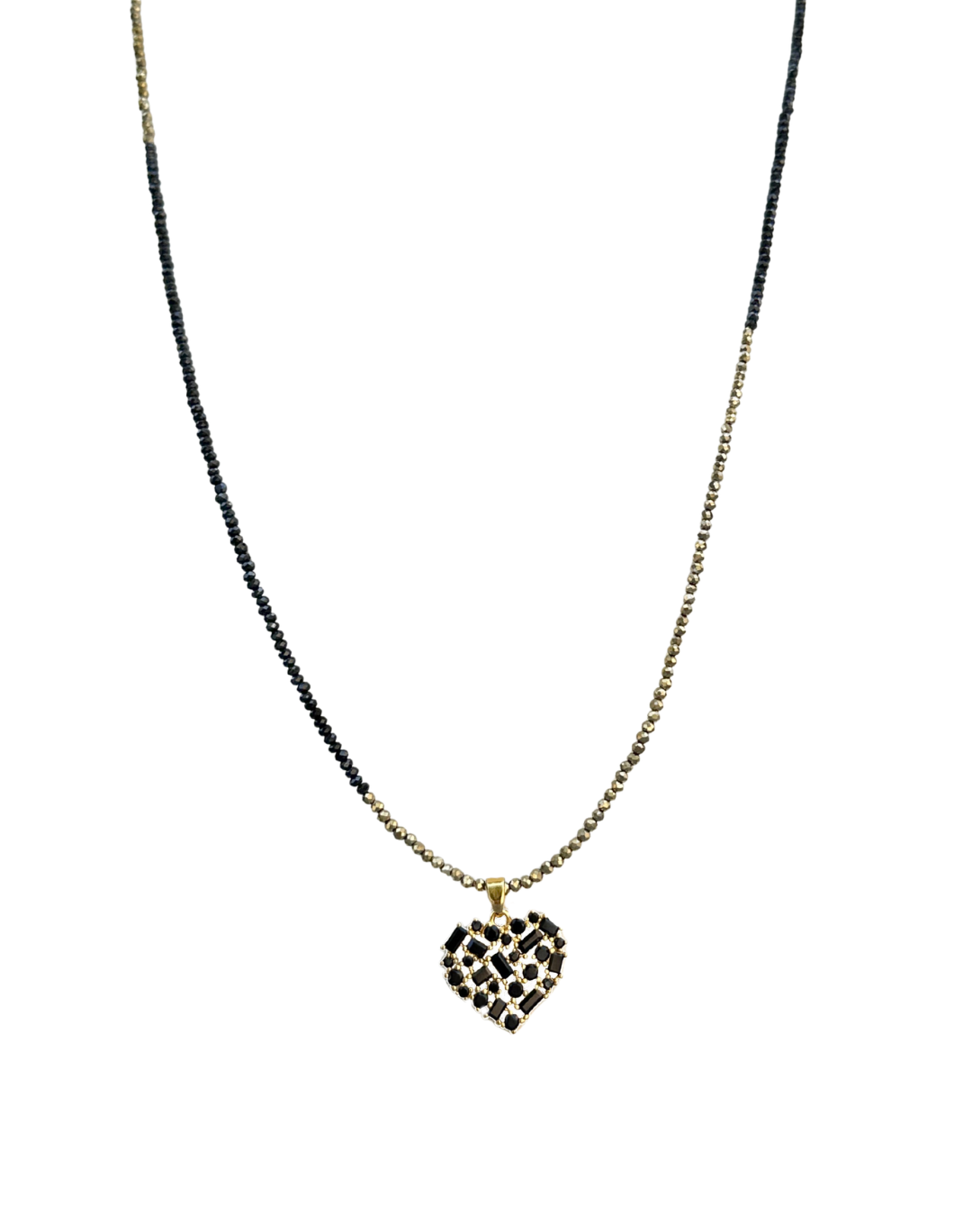 Sautoir Cœur Nocturne – vue complète perles hématite dorée et noire avec pendentif cœur zircons