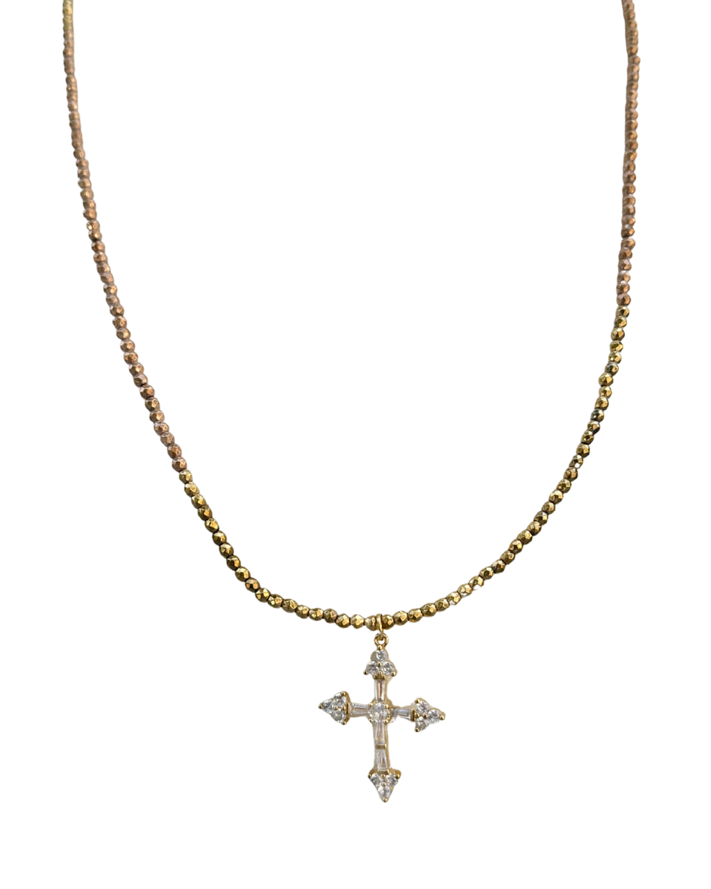 Sautoir Croix de Lumière – vue complète perles hématite dorée et pendentif croix