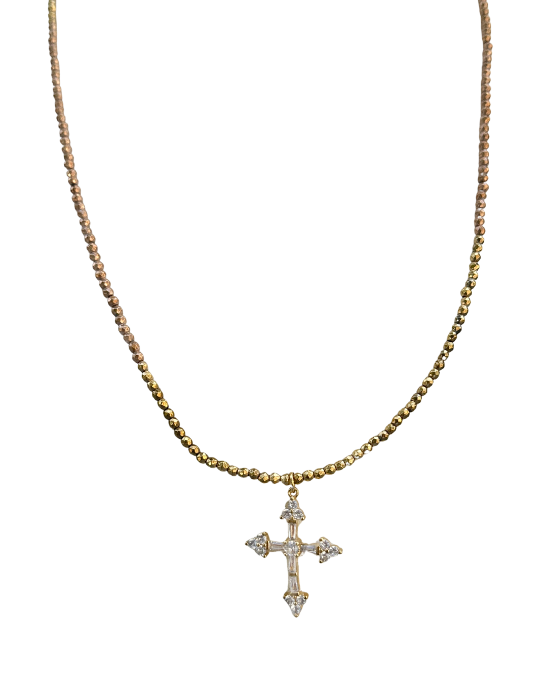 Sautoir Croix de Lumière – vue complète perles hématite dorée et pendentif croix