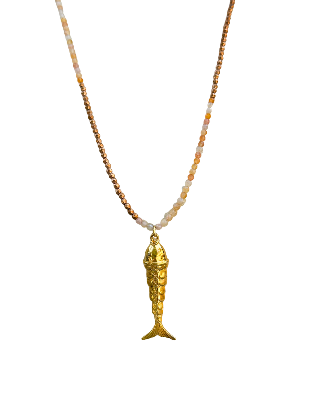 Sautoir Poisson Rose – vue complète perles hématite dorée et aventurine rose avec pendentif poisson