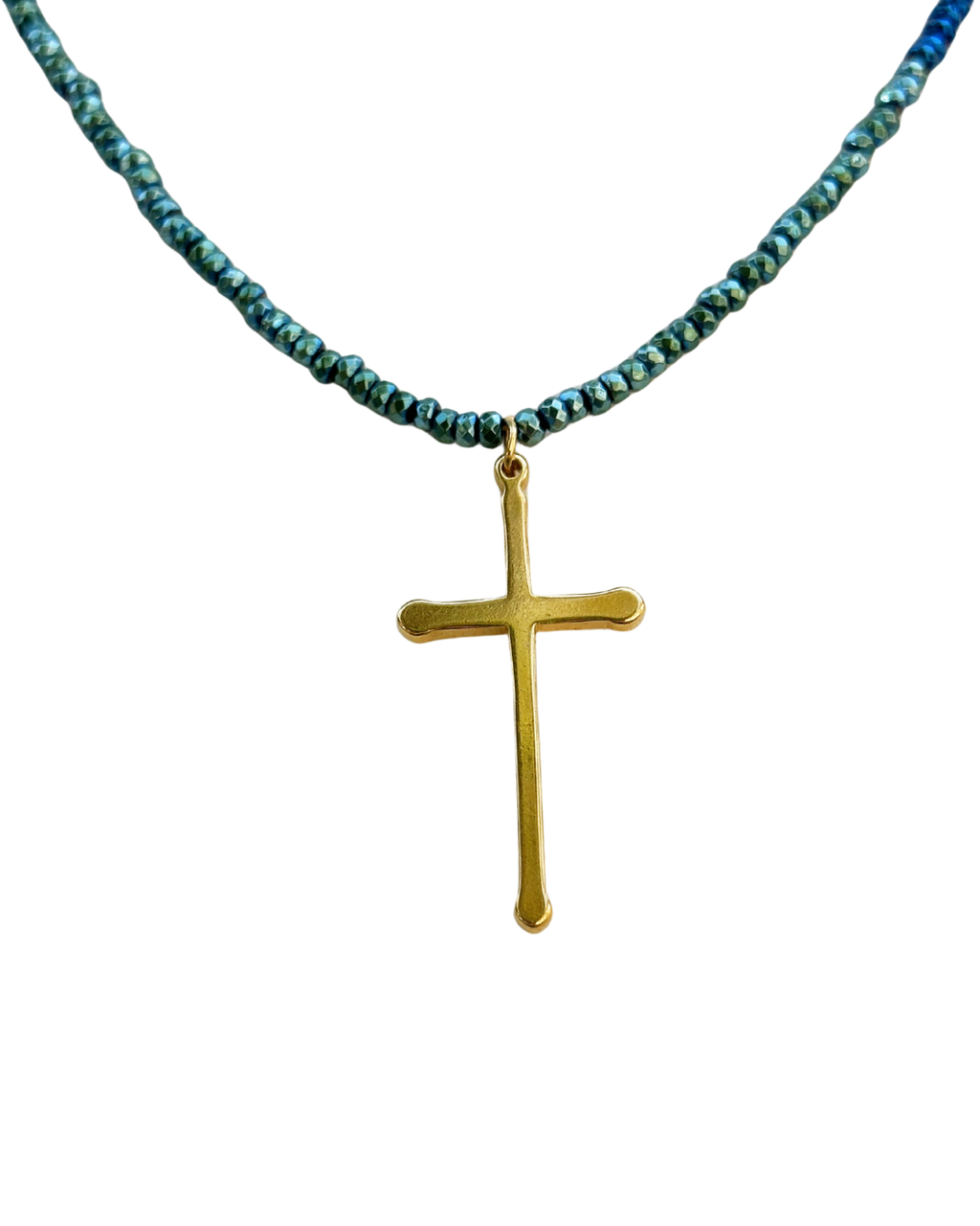 Sautoir Croix d'Azur – détail perles hématite turquoise et bleu foncé avec croix dorée