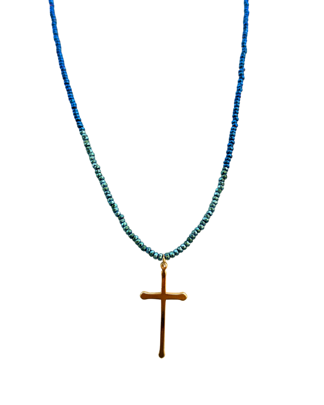 Sautoir Croix d'Azur – vue complète perles hématite turquoise et bleu foncé